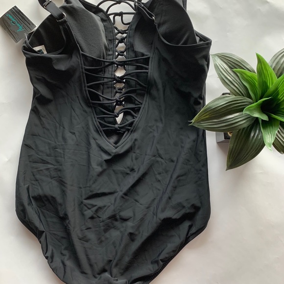 Aqua Green Black Strappy One Piece Swimsuit - Picture 5 of 9